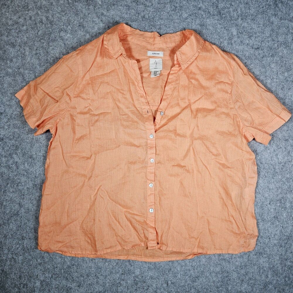 J Joie Womens Coral 100% Linen Short Sleeve Button Up Top Summer Breezy Size XL